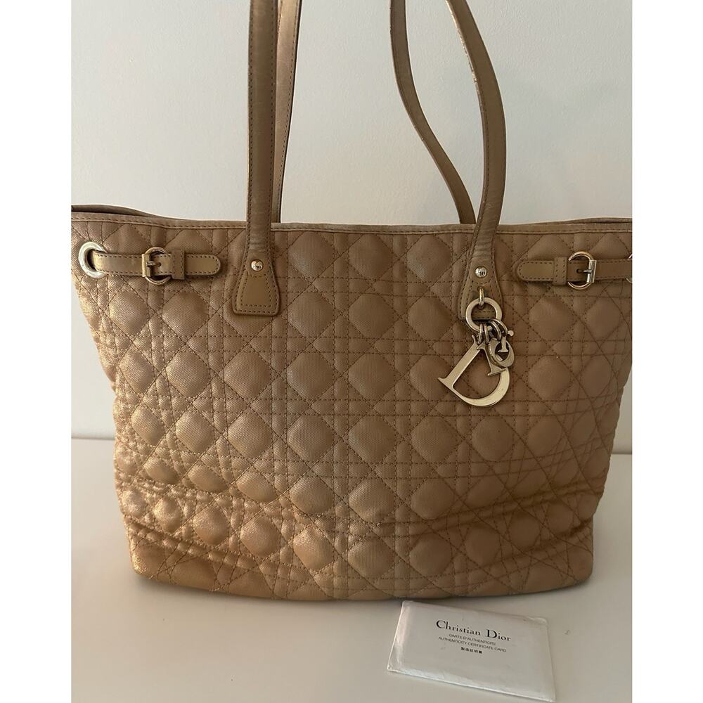 Christian Dior Panarea Cannage Tote Beige Quilted Canvas Leather Charm